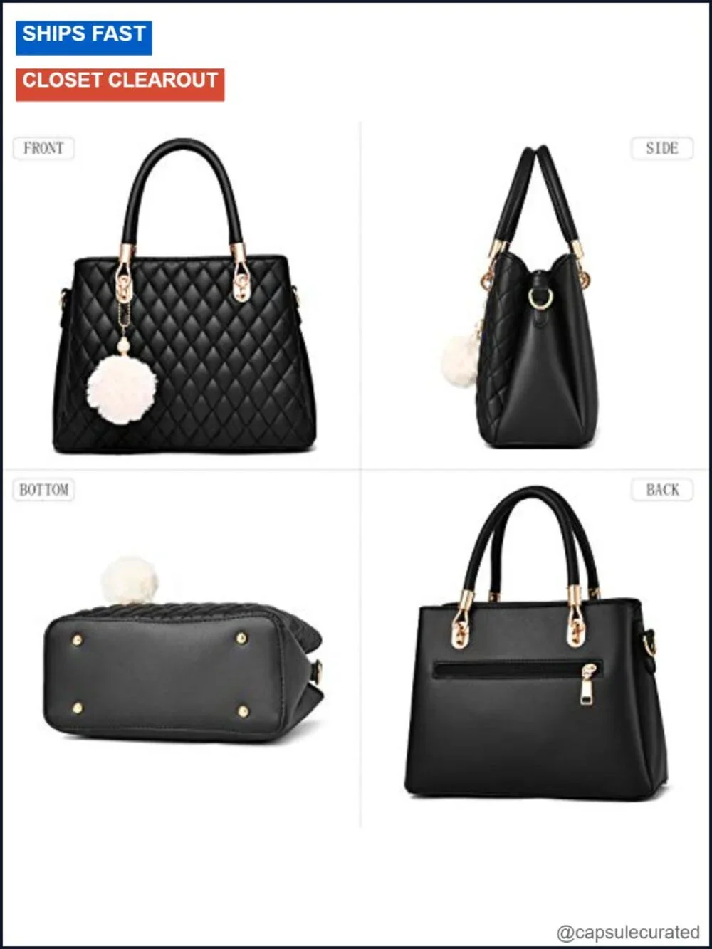 Womens Faux Leather Satchel Bag Top-Handle Shoulder Purse Tote with Pompon